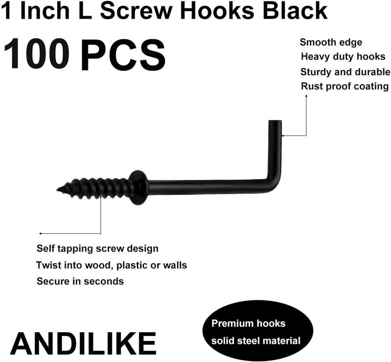 ANDILIKE 100 PCS Black 7 Shaped Right Angle Screw Hooks,1 Inch Screw in L Shaped Hooks for Hanging Lamp,Plants,Decorations,kitchenware and DIY Crafts - Image 5